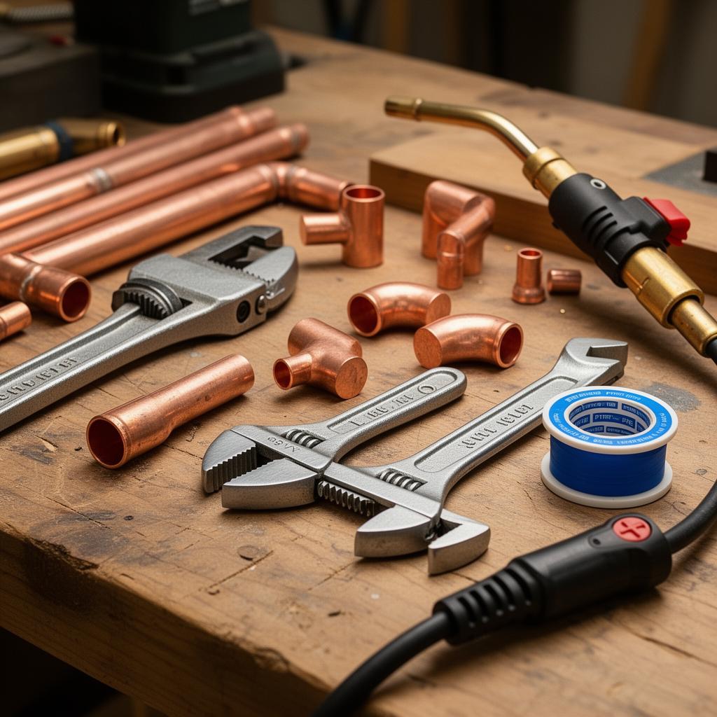 Plumbing tools and copper fittings on a workbench